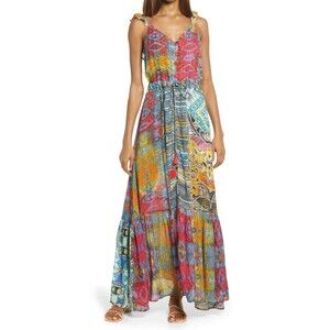 Raga XS Tito Ruffle Stripe Maxi Dress Open Back Tassel Tie Boho Vibrant NWT